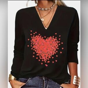 Chic Black V-Neck Top with Red Heart Design